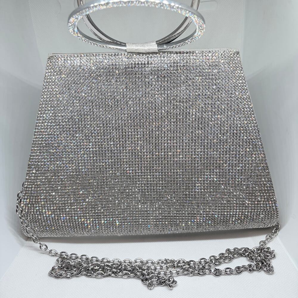INC International Concepts Silver Rhinestone Evening Bag Ring Handle Crossbody